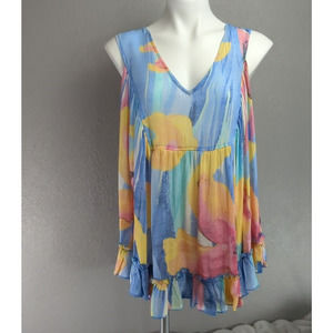 cocobleu Womens XL Top Shirt Babydoll Rayon Multicolor Sleeveless Watercolor
